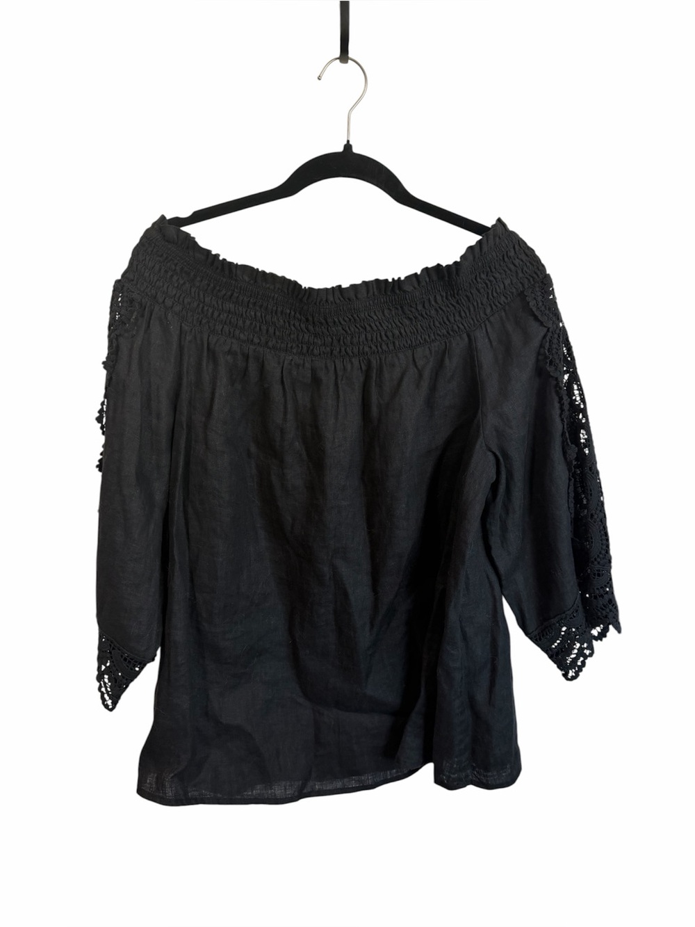 Chico’s Black 100% Linen Off Shoulder Lace Crochet Boho Top Sz 2/12
